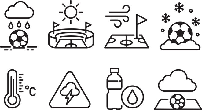 Weather conditions affecting soccer game icons on transparent background.
