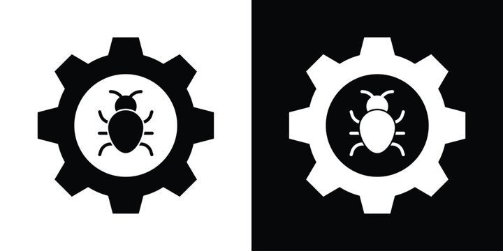Bug fixing and system optimization icon showing a beetle insect inside a gear wheel, representing software debugging and maintenance.