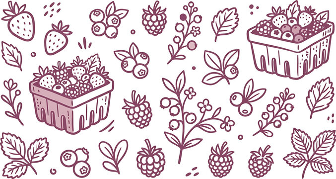 Seamless pattern with hand drawn berries, strawberries, blueberries, raspberries and leaves