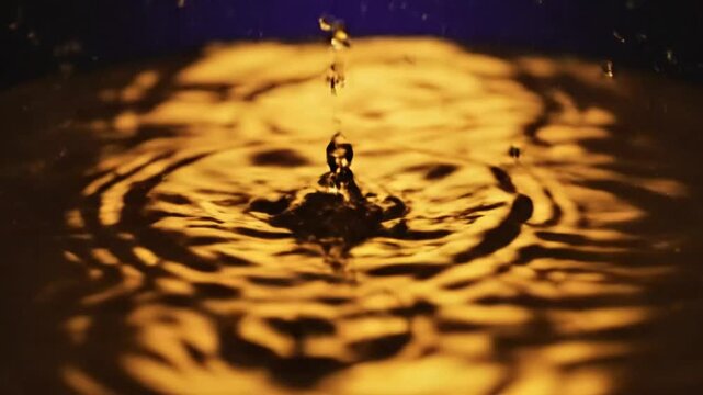 Mesmerizing Golden Water Droplet Crown Formation and Ripples in Slow Motion Macro Close-up