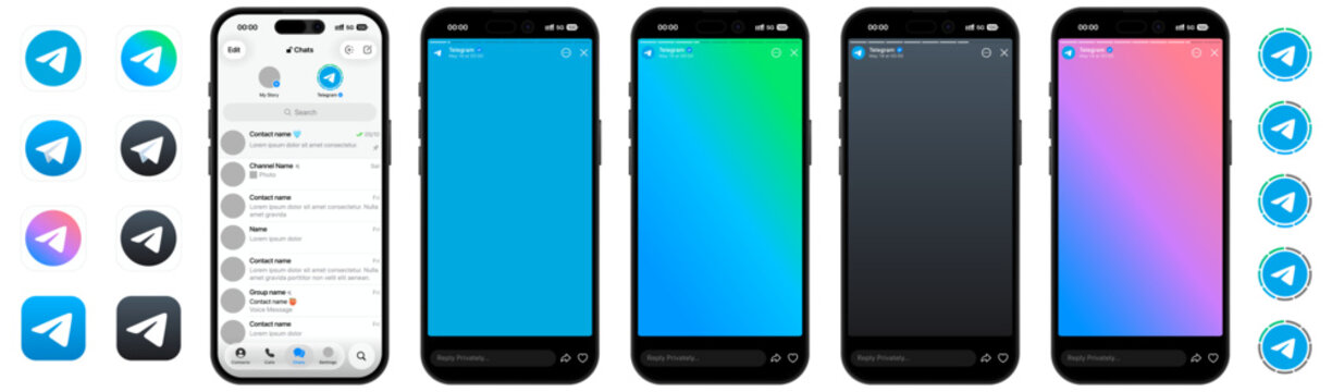 Telegram 2026 update story page slides UI screens design template and mockup in editorial vector style, featuring modern mobile interface layouts with transparent background