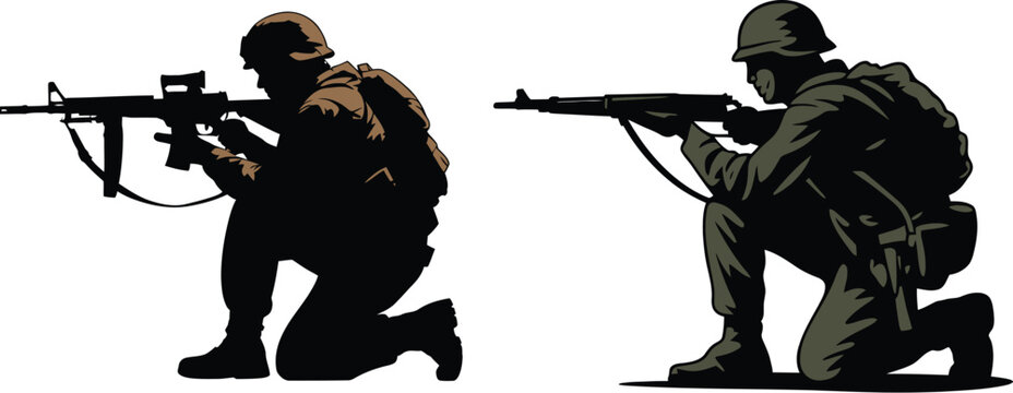 Two soldiers in tactical gear kneeling with rifles one in silhouette and the other with color accents army man assault rifle soldiers military kneeling
