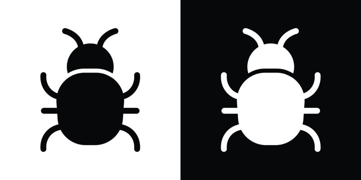 Beetle bug insect icon in black and white solid shapes, commonly used to represent computer viruses, malware, software glitches, or tracking.