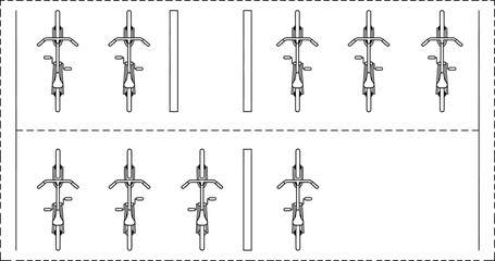 Top view of bicycle parking lot with rows of parked bikes and empty spaces for urban transport infrastructure design © SampaRani