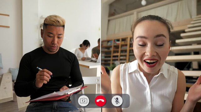 Two students talk online during a class. One student looks serious and focused while taking notes. The other student smiles and shows excitement and joy while speaking.