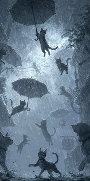 Raining cats and dogs - rainstorm with cats and dogs falling from the cloudy sky