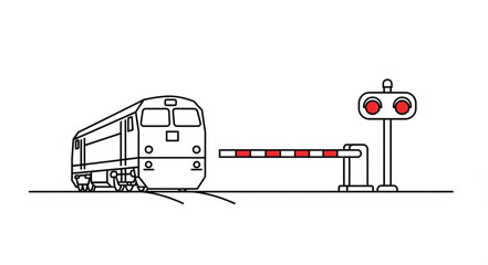Train approaching a railway crossing with barrier and lights. © edd