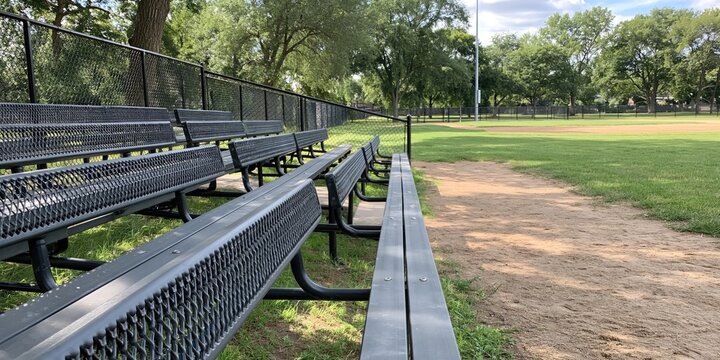 Photo of empty bleachers by baseball field in park, 