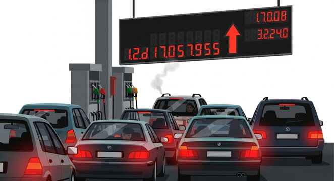 Traffic jam at a gas station with a digital price sign.