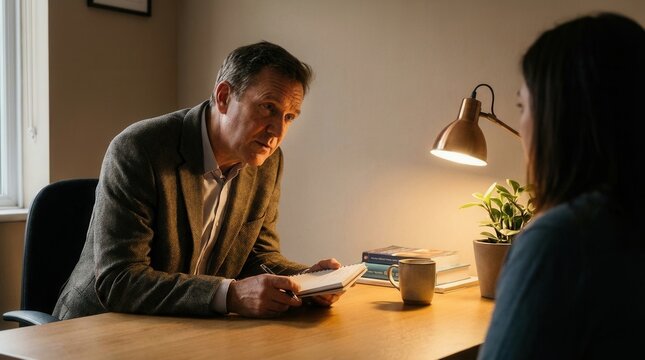 Therapist Consulting Patient At Desk With Lamp And Books For Mental Health Treatment Session