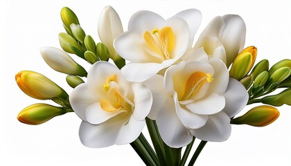 Fototapeta premium Beautiful White Freesia Flowers With Yellow Centers And Buds Isolated On A Transparent Background