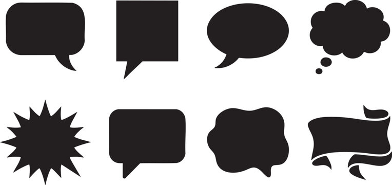 Collection of black speech bubbles and thought clouds on white background