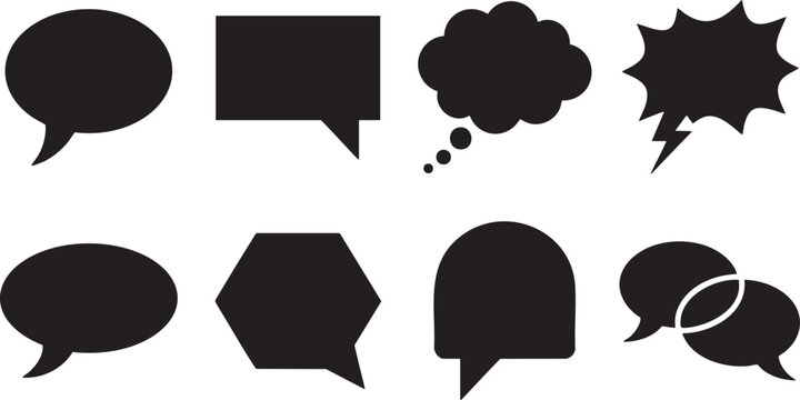 Black speech bubble icon set diverse communication graphics for digital design and messaging applications