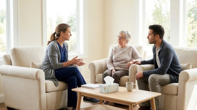 Therapist Conversing With Family Members Inside Bright Living Room, Mental Health Insight