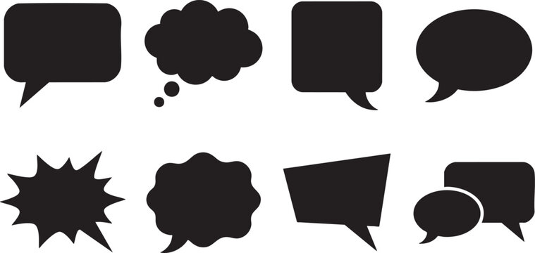 Collection of black comic book speech bubbles and thought clouds on white background
