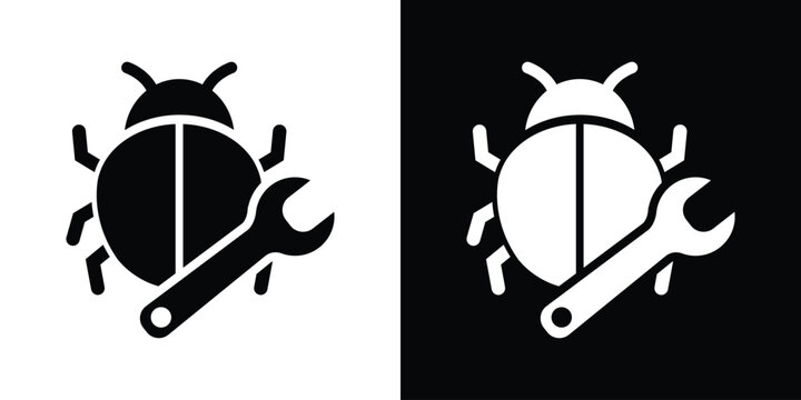 Software debugging icon displaying a beetle insect bug combined with a mechanical spanner wrench, symbolizing code repair and patch fixes.
