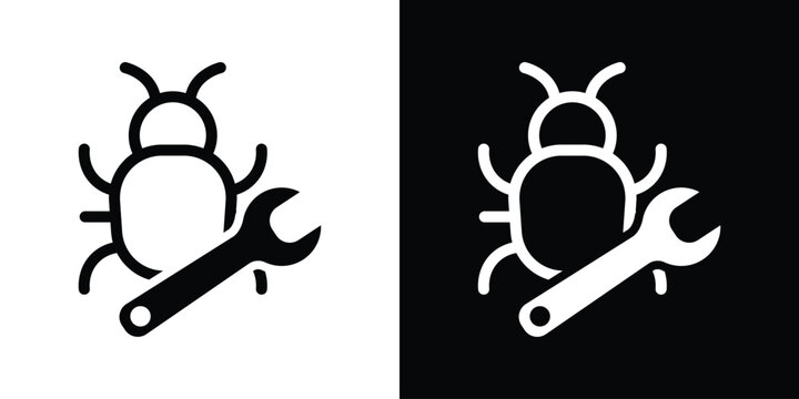 Software debugging icon displaying a beetle insect bug combined with a mechanical spanner wrench, symbolizing code repair and patch fixes.