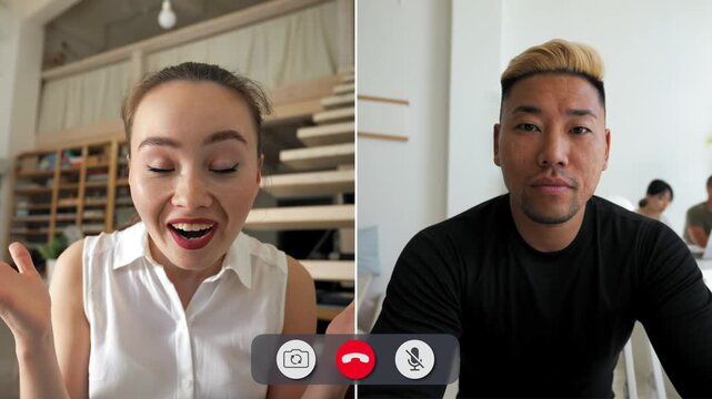 Two students are engaged in an online call, showing different feelings. One smiles and seems happy, while the other looks focused and serious in the conversation.
