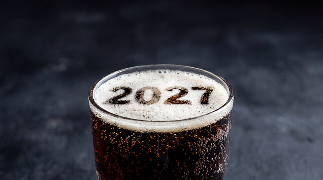 2027 written in creamy foam on dark sparkling soft drink surface presenting beverage celebration concept for party menu promotion hospitality branding festive refreshment banner with copy space