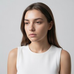 Fototapeta premium close-up of young woman with luminous glass-like skin, jaw-length inward-curled dark hair, peachy-pink lips, off-center composition, soft diffused studio lighting, skin care