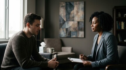 Fototapeta premium Therapist Consulting Patient in a Modern Setting to Discuss Problem Solving