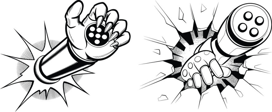 Robot hand holding marbles and robot arm with dice artificial intelligence probability strategy technology mechanics illustration gameplay entertainment