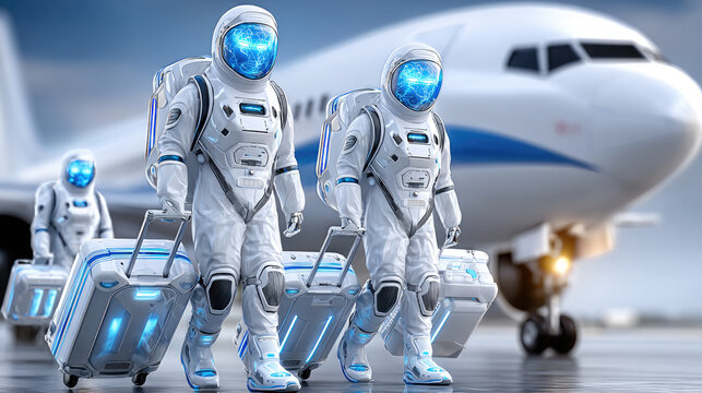 Future travelers in advanced spacesuits pulling smart luggage across an airport tarmac, preparing for interstellar journey or protected global travel against outbreaks