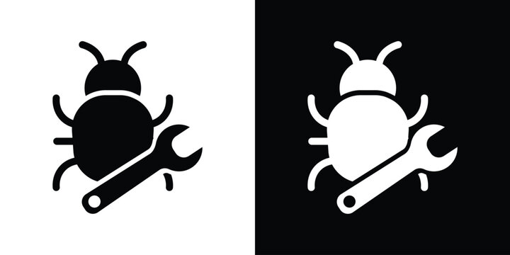 Software debugging icon displaying a beetle insect bug combined with a mechanical spanner wrench, symbolizing code repair and patch fixes.