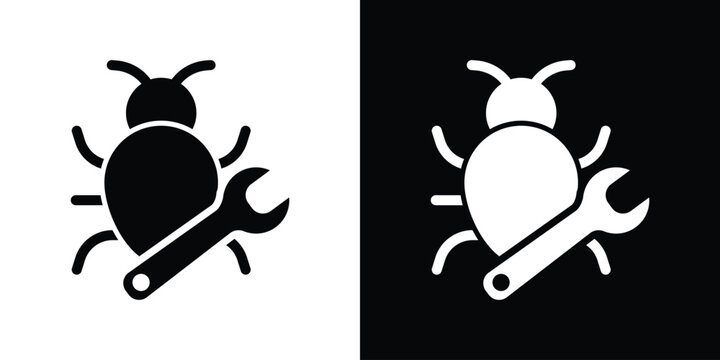 Software debugging icon displaying a beetle insect bug combined with a mechanical spanner wrench, symbolizing code repair and patch fixes.