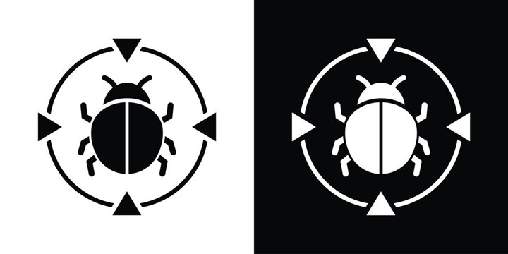 Cybersecurity vulnerability scanning icon with a beetle insect inside a radar crosshair or target symbol, indicating threat detection.