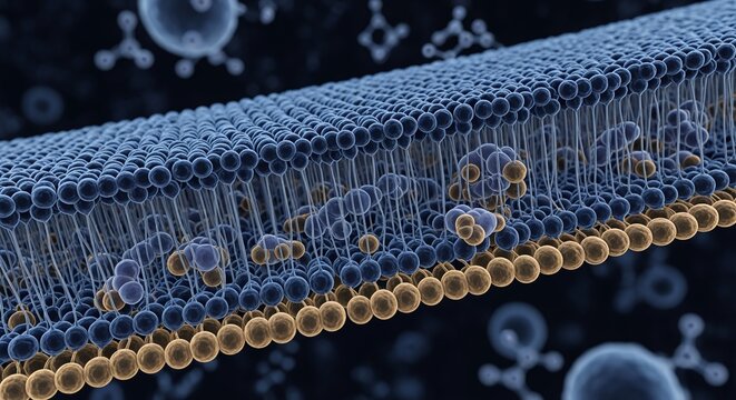 Microscopic view of a cell membrane structure with lipid bilayer and embedded molecules