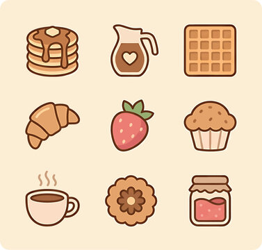 Set of cute breakfast icons including pancakes, waffles, croissant, strawberry, muffin, coffee, cookie and jam jar