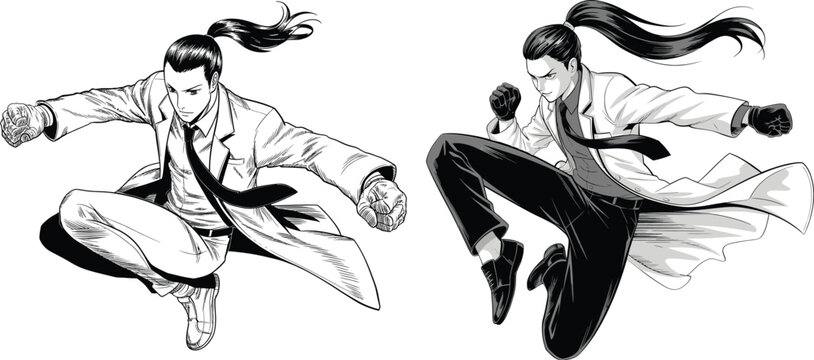 Two dynamic martial arts fighters in action poses black and white vector art kung fu illustration