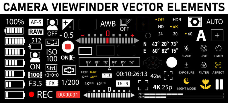Camera viewfinder elements pack - digital, mirorless, DSLR, cameraphone. Camera focusing screen design items. Detailed template elements. Vector illustration