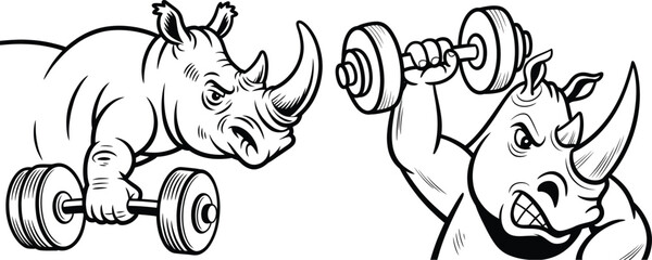 Two angry rhinos lifting weights in a stylized drawing with black and white rhinoceros strength weightlifting dumbbells exercise wildlife training © msmdesign