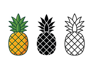 Fototapeta premium Pineapple fruit icons in colorful, black and white Vector, illustration