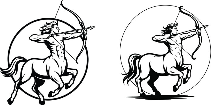Sagittarius zodiac sign illustration with a centaur archer aiming a bow star sign half human half horse black and white line art sagittarius horoscope
