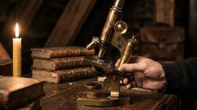 Vintage Microscope Examination With Candle Light On Classic Wooden Desk