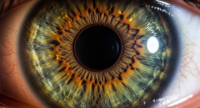 Extreme close-up of a human eye showcasing intricate iris patterns and vibrant colors.