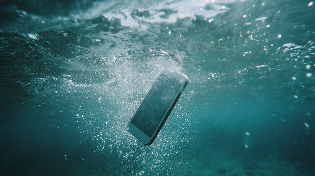 Smartphone Sinking Underwater with Air Bubbles in Turquoise Ocean Concept of Waterproof Device or Lost Electronics.