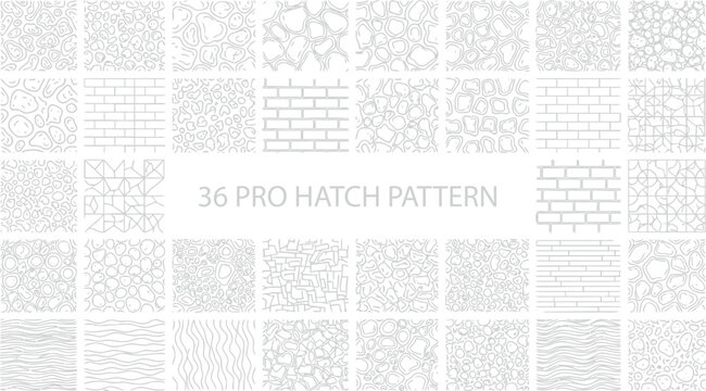 Collection of thirty six professional hatch patterns for architectural drafting including brick stone and line textures for cad software and technical design projects