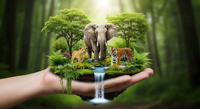 Human hand holding a miniature jungle ecosystem with animals