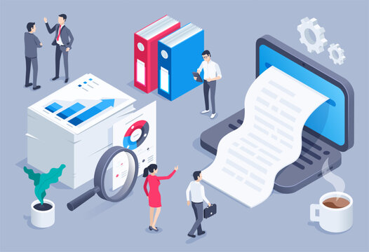 isometric vector image on a gray background, a woman and man stands in front of a laptop from the screen of which a paper document comes out, folders  and papers, paperwork