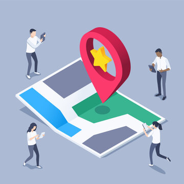 isometric vector image on a gray background, map icon with a location icon and people with smartphones