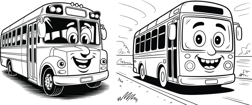 Two cartoon school buses with happy faces school bus back to school children transport illustration education childhood character