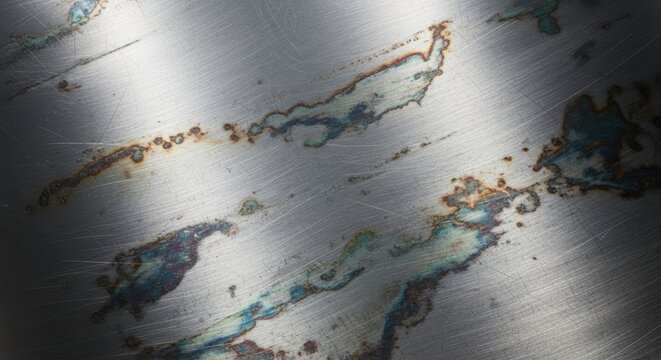 Industrial Scratched Metal Surface with Heat Tint and Rust Texture