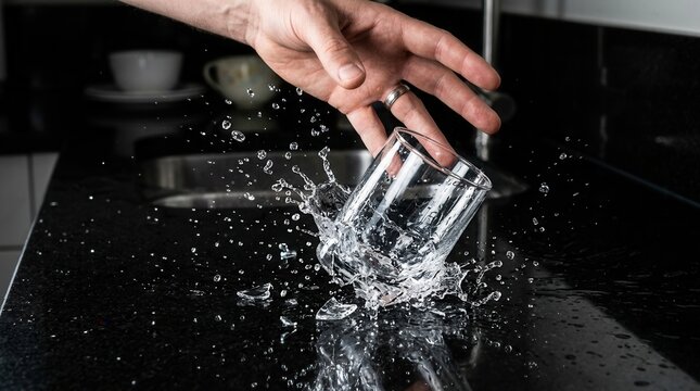 Water Glass Tumbling and Splashing Momentarily On A Dark Granite Surface