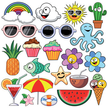 Summer icons Collection Cute and Colorful Elements isolated on white - Set of 21 Vector Illustration EPS
