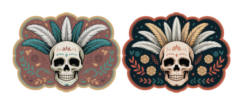 skull with feathered headdress label belt buckle old west cowboy style apache tag design, stylized silhouette with gemstone accents, vintage western tribal emblem and rustic decorative artwork.