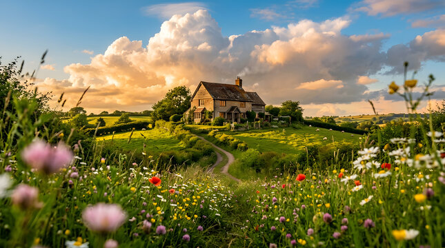 Idyllic traditional stone house situated on a rolling green hillside with dramatic clouds during golden hour light
